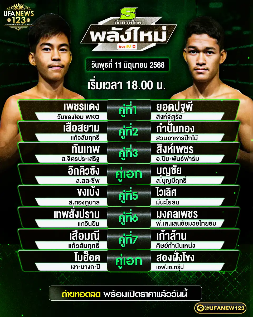 โปรแกรมมวย ศึกมวยไทยพลังใหม่ เริ่มเวลา 18.00 น. 11 มิถุนายน 2568