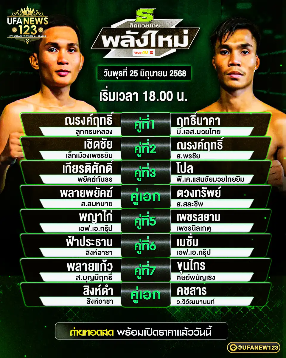 โปรแกรมมวย ศึกมวยไทยพลังใหม่ เริ่มเวลา 18:00 น. 25 มิถุนายน 2568