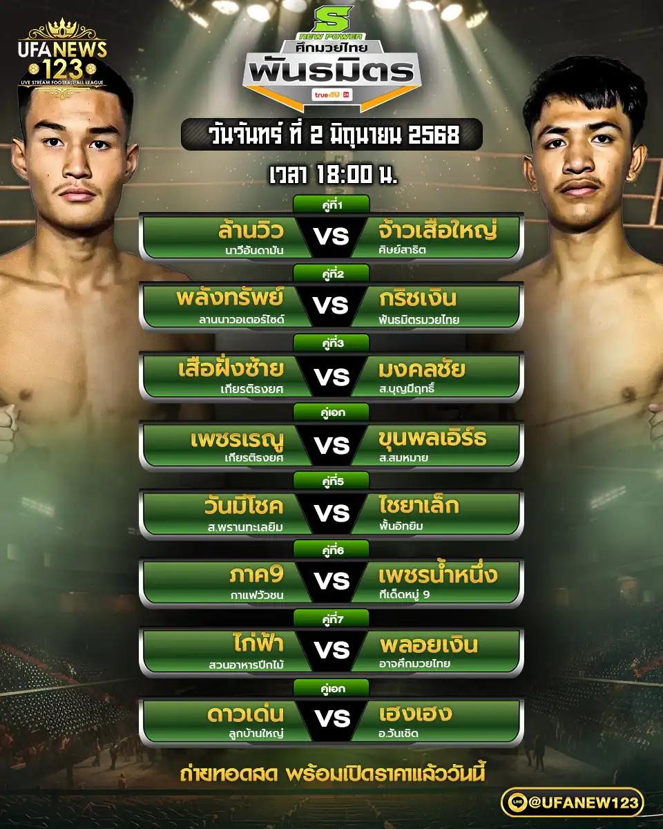 โปรแกรมมวย ศึกมวยไทยพันธมิตร เริ่มเวลา 18:00 น. 02 มิถุนายน 2568