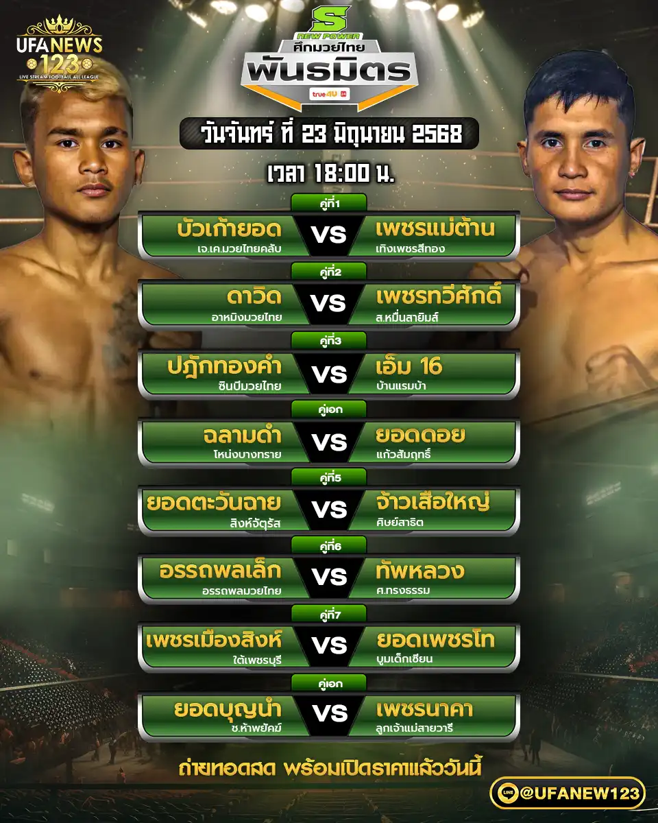 โปรแกรมมวย ศึกมวยไทยพันธมิตร เริ่มเวลา 18:00 น. 23 มิถุนายน 2568