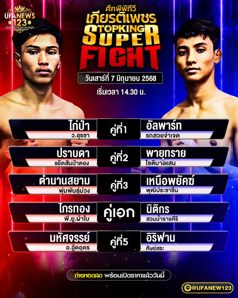 โปรแกรมมวย ศึกมวยไทยเกียรติเพชร เริ่มเวลา 14:30 น. 07 มิถุนายน 2568