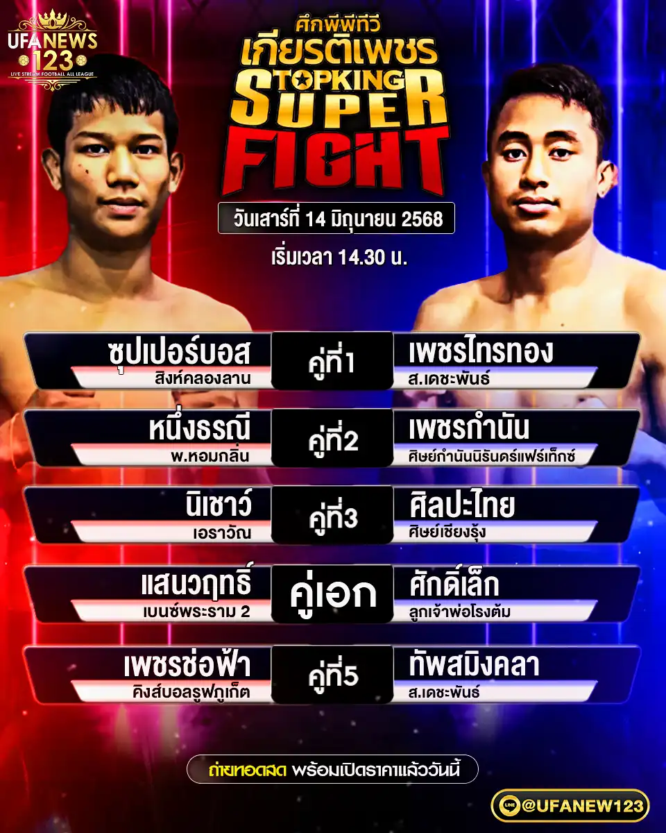 โปรแกรมมวย ศึกมวยไทยเกียรติเพชร เริ่มเวลา 14:30 น. 14 มิถุนายน 2568