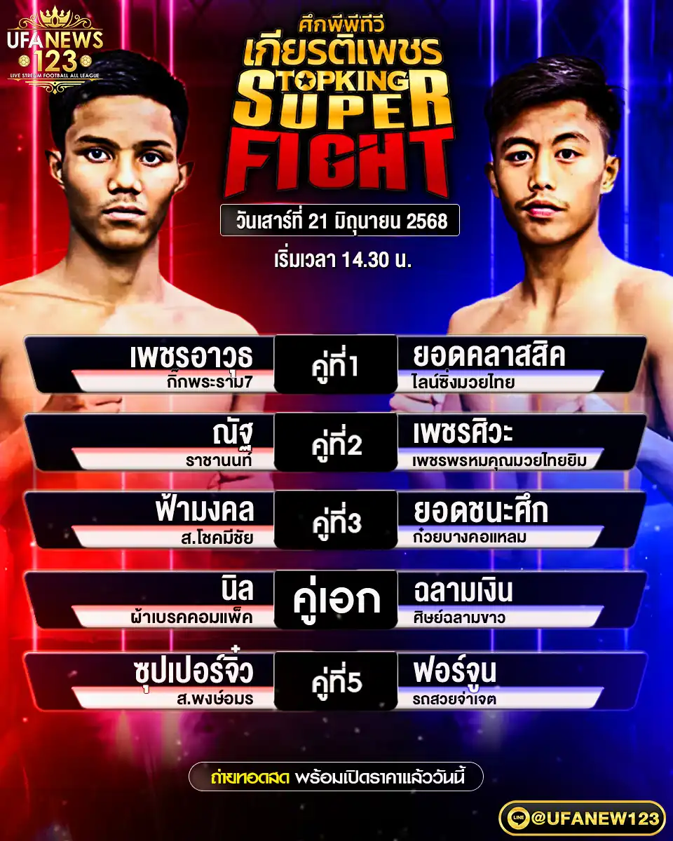 โปรแกรมมวย ศึกมวยไทยเกียรติเพชร เริ่มเวลา 17:00 น. 21 มิถุนายน 2568
