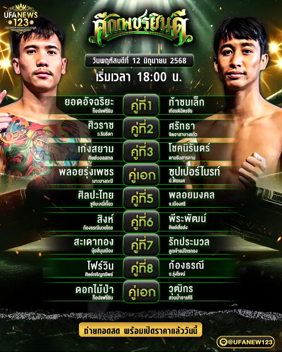 โปรแกรมมวย ศึกเพชรยินดี เริ่มเวลา 18.00 น. 12 มิถุนายน 2568