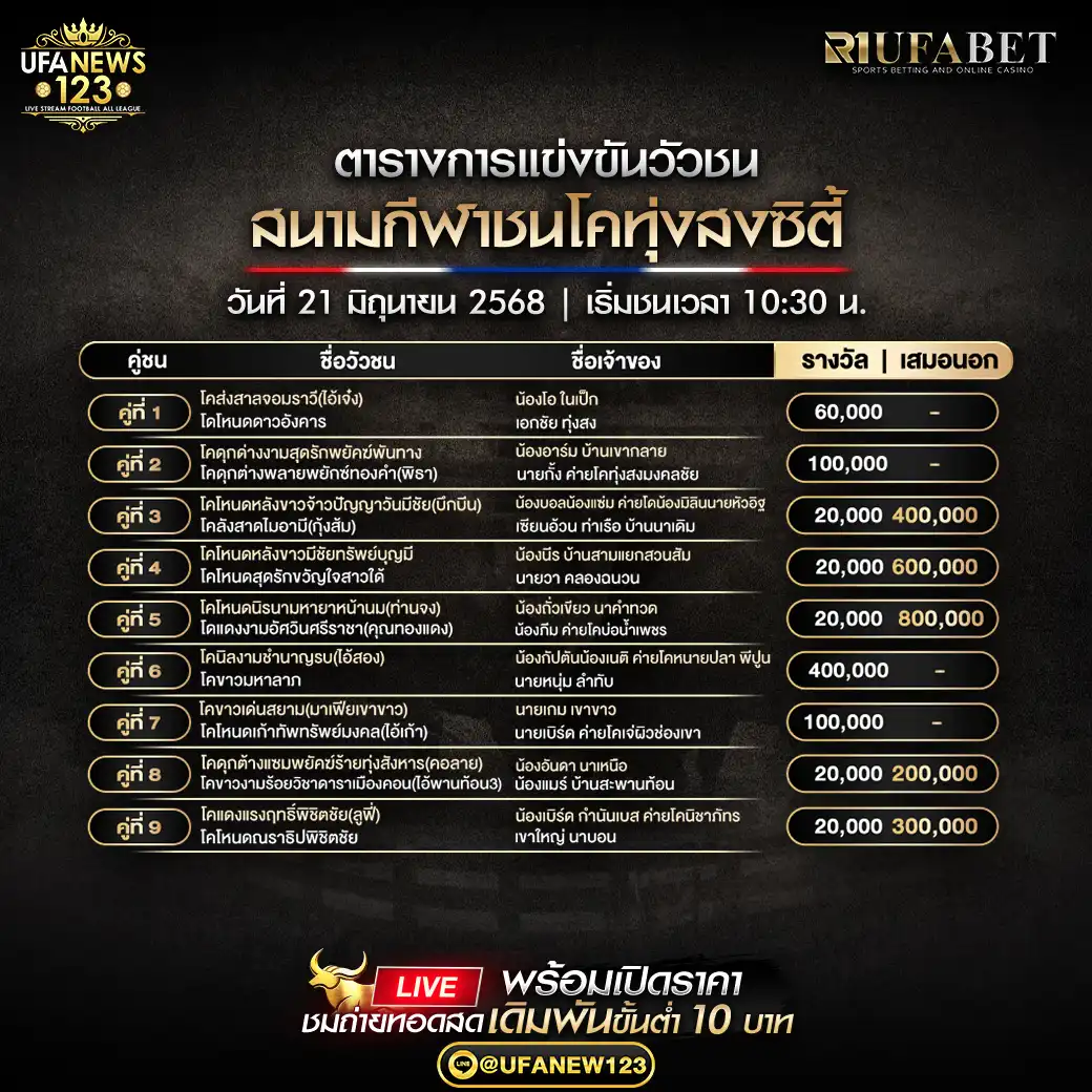 โปรแกรมวัวชน สนามกีฬาชนโคทุ่งสงซิตี้ เริ่มเวลา 10:30 น. 21 มิถุนายน 2568