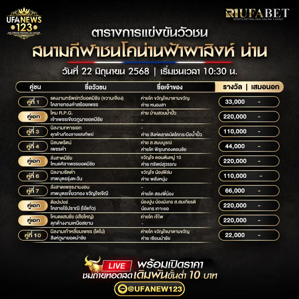 โปรแกรมวัวชน สนามกีฬาชนโคน่านฟ้าผาสิงห์ น่าน เริ่มเวลา 10:30 น. 22 มิถุนายน 2568