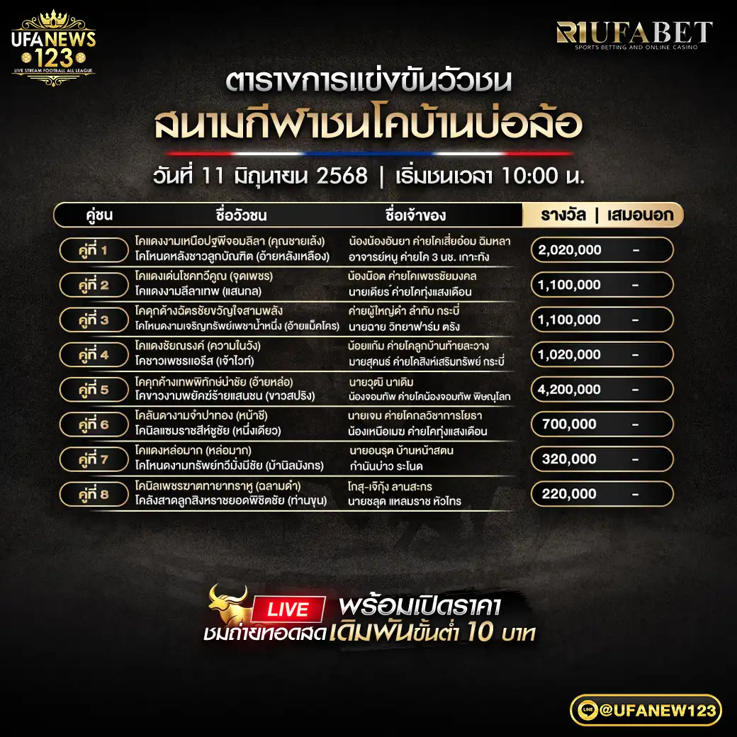 โปรแกรมวัวชน สนามชนโคบ้านบ่อล้อ เริ่มชนเวลา 10:00 น. 11 มิถุนายน 2568