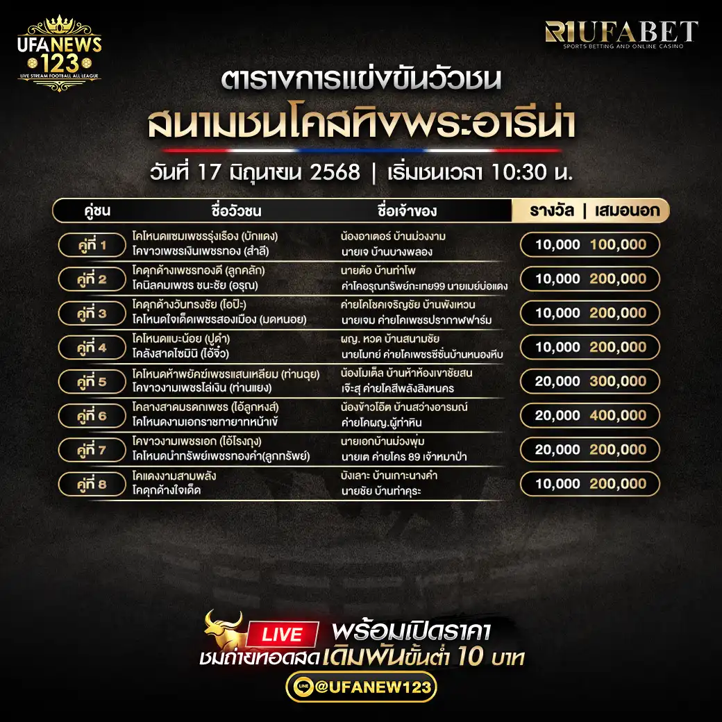 โปรแกรมวัวชน สนามกีฬาชนโคสทิงพระอารีน่า เริ่มเวลา 10:30 น. 17 มิถุนายน 2568