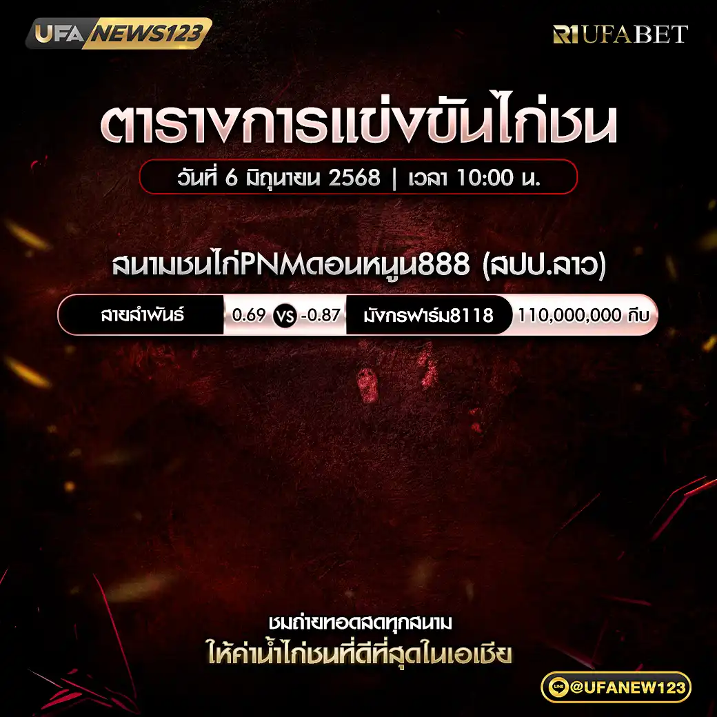 โปรแกรมไก่ชน สนามชนไก่PNMดอนหนูน888 เริ่มเวลา 10:00 น. 06 มิถุนายน 2568