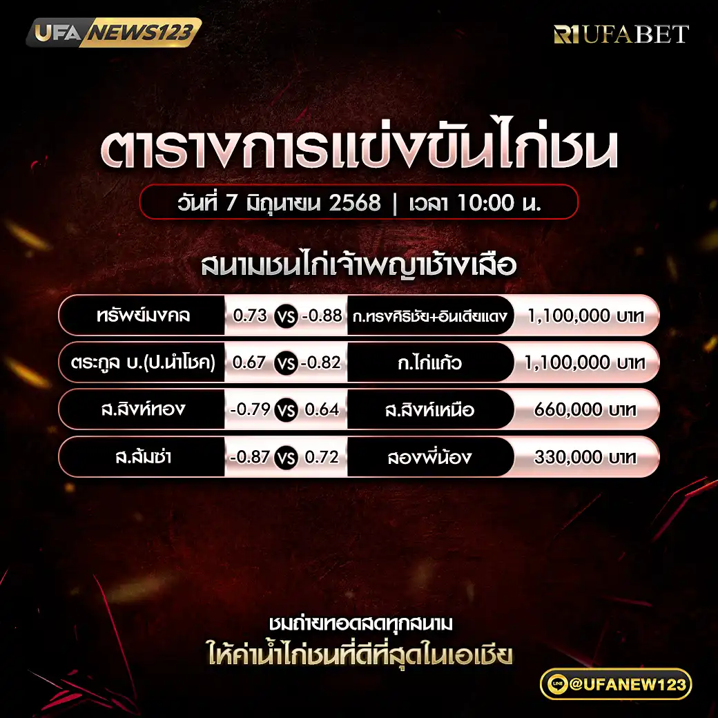 โปรแกรมไก่ชน สนามชนไก่เจ้าพญาช้างเสือ เริ่มเวลา 10:00 น. 07 มิถุนายน 2568