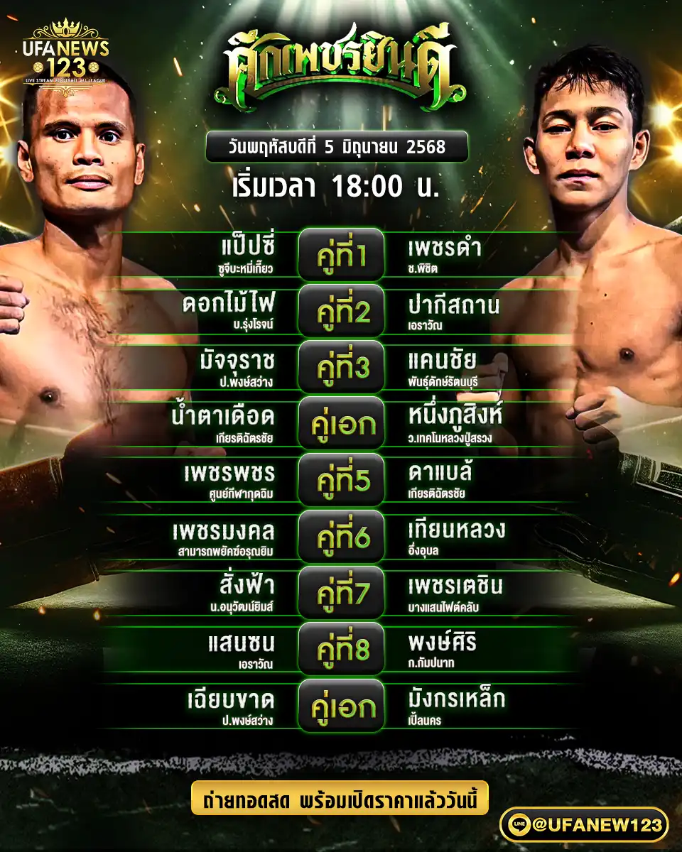 โปรแรกมมวย ศึกเพชรยินดี เริ่มเวลา 18:00 น. 05 มิถุนายน 2568