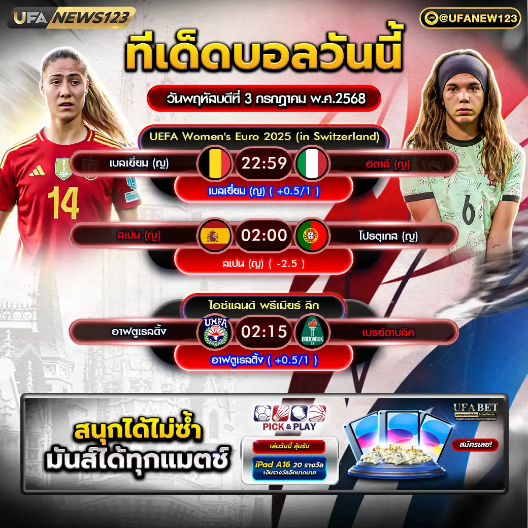 ทีเด็ดบอล แจกบอลสเต็ป 3 คู่ วันที่ 03 กรกฎาคม 2568