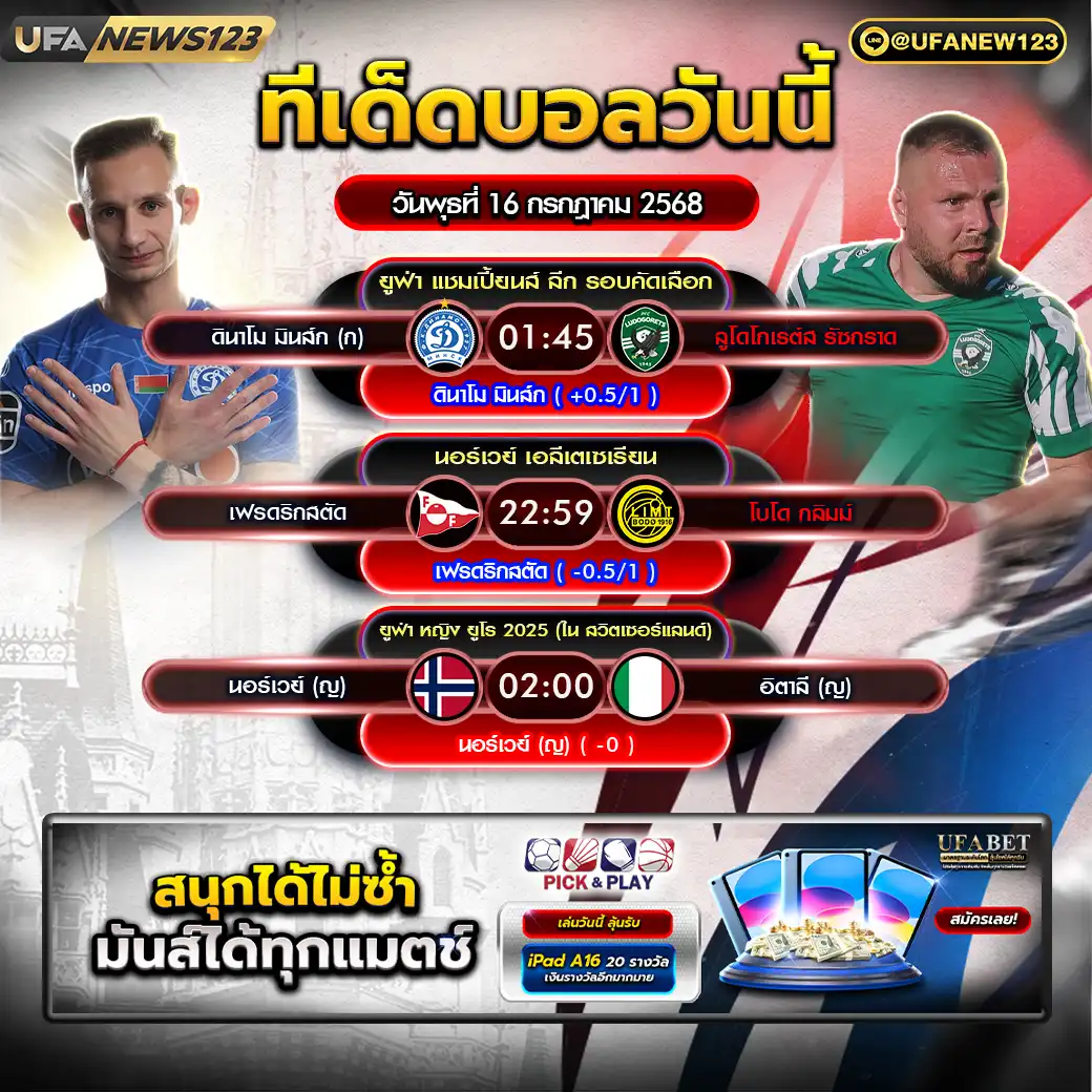 ทีเด็ดบอล แจกบอลสเต็ป 3 คู่ วันที่ 16 กรกฎาคม 2568
