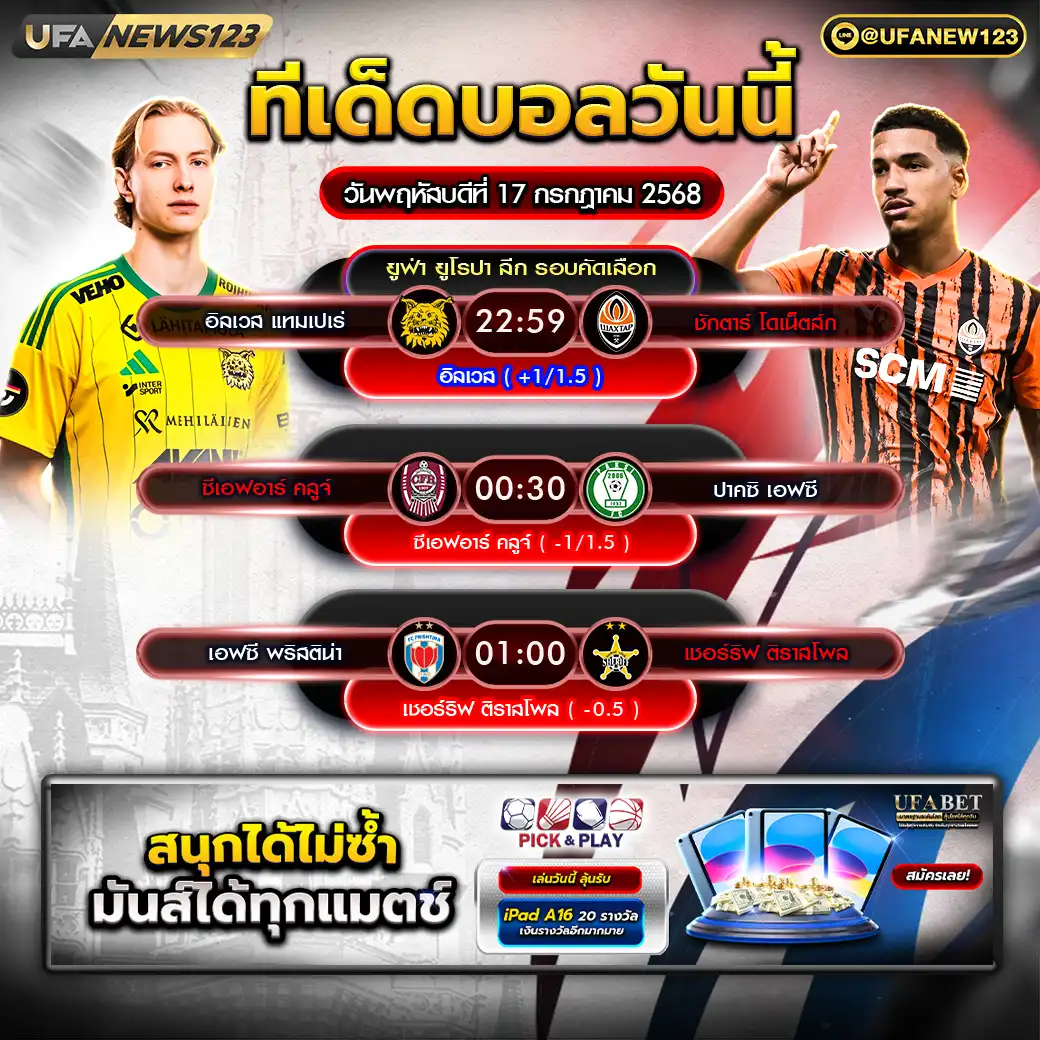 ทีเด็ดบอล แจกบอลสเต็ป 3 คู่ วันที่ 17 กรกฎาคม 2568