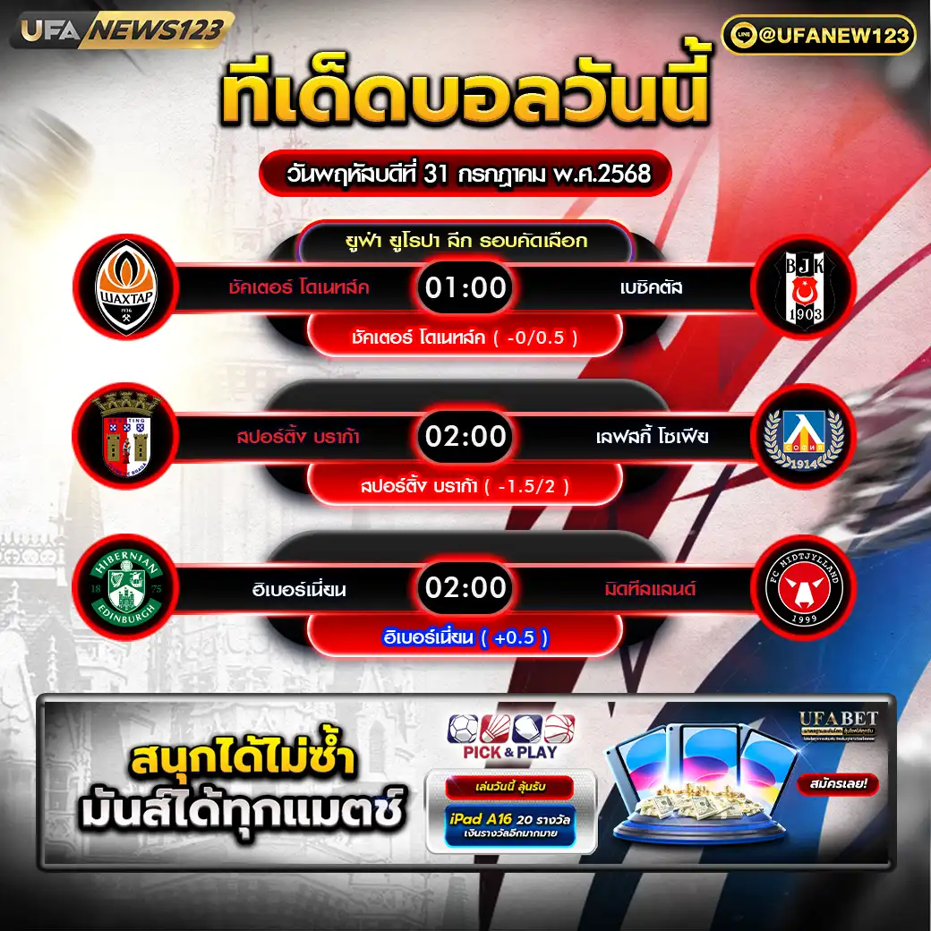 ทีเด็ดบอล แจกบอลสเต็ป 3 คู่ วันที่ 31 กรกฎาคม 2568