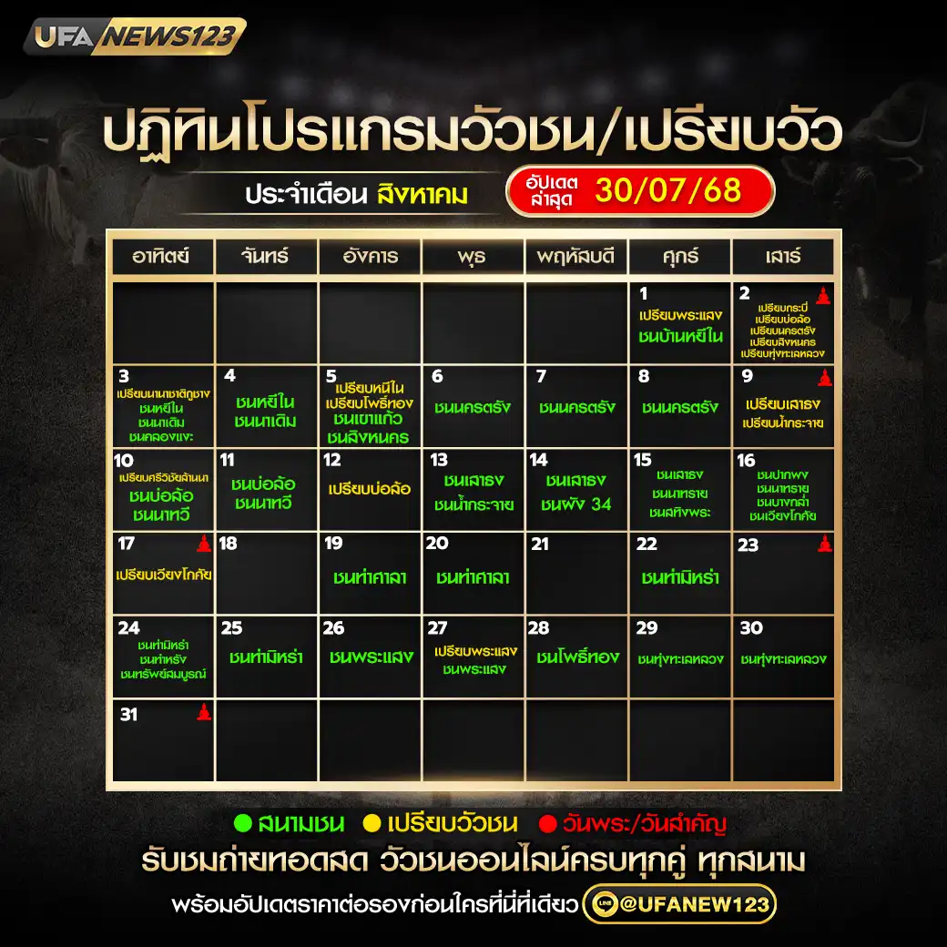 ปฏิทินวัวชน เดือน สิงหาคม 2568 อัปเดตล่าสุด วันที่ 30 กรกฎาคม 2568