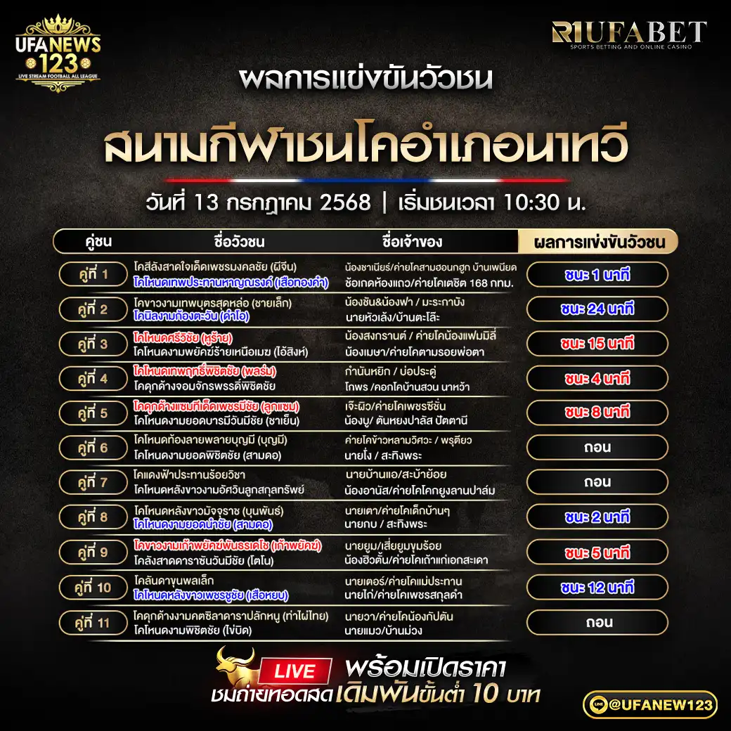 สรุปผลวัวชน สนามกีฬาชนโคอำเภอนาทวี 13 กรกฎาคม 2568