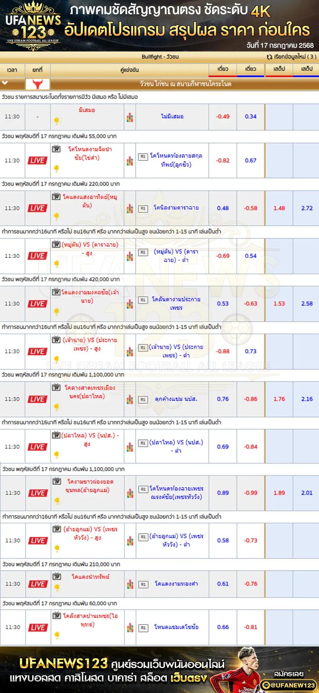 ราคาวัวชน สนามกีฬาชนโคระโนดสเตเดี้ยม เริ่มเวลา 10:00 น. 17 กรกฎาคม 2568