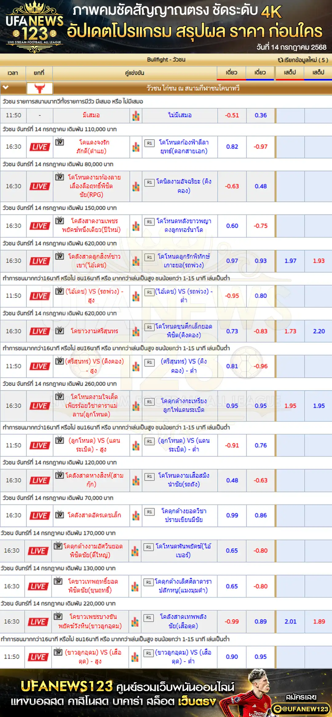 ราคาวัวชน สนามกีฬาชนโคอำเภอนาทวี เริ่มเวลา 10:30 น. 14 กรกฎาคม 2568