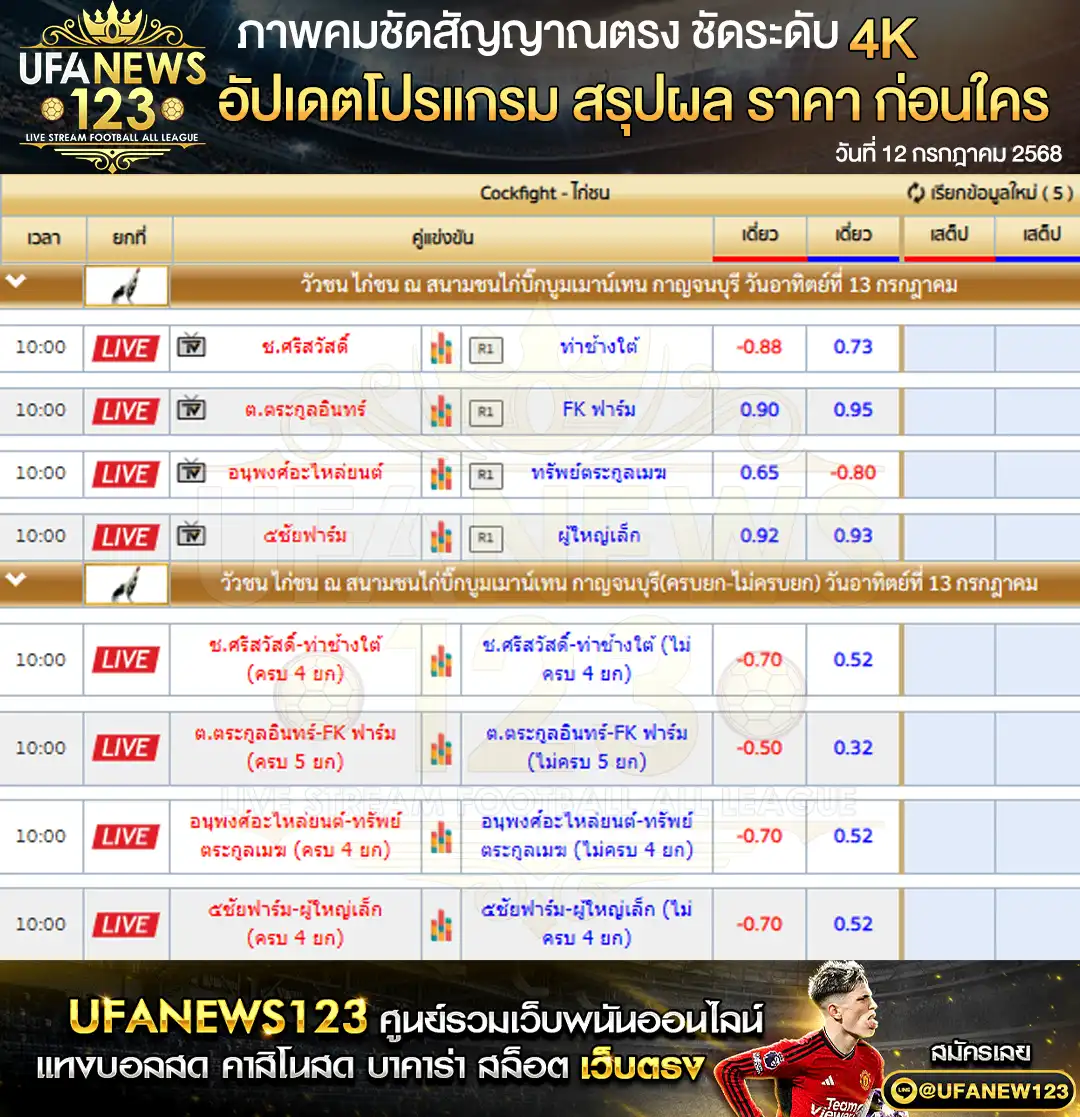ราคาไก่ชน สนามชนไก่บิ๊กบูมเมาน์เทน เริ่มเวลา 10:00 น. 13 กรกฎาคม 2568