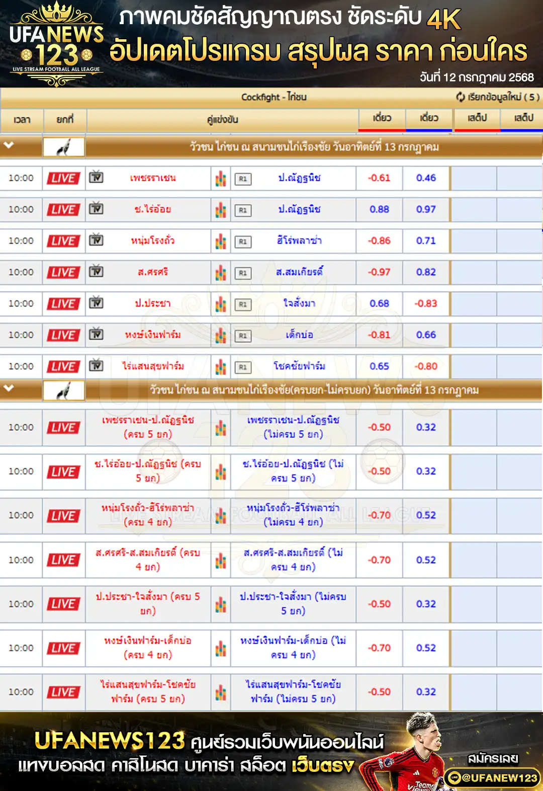ราคาไก่ชน สนามชนไก่เรืองชัย เริ่มเวลา 10:00 น. 13 กรกฎาคม 2568