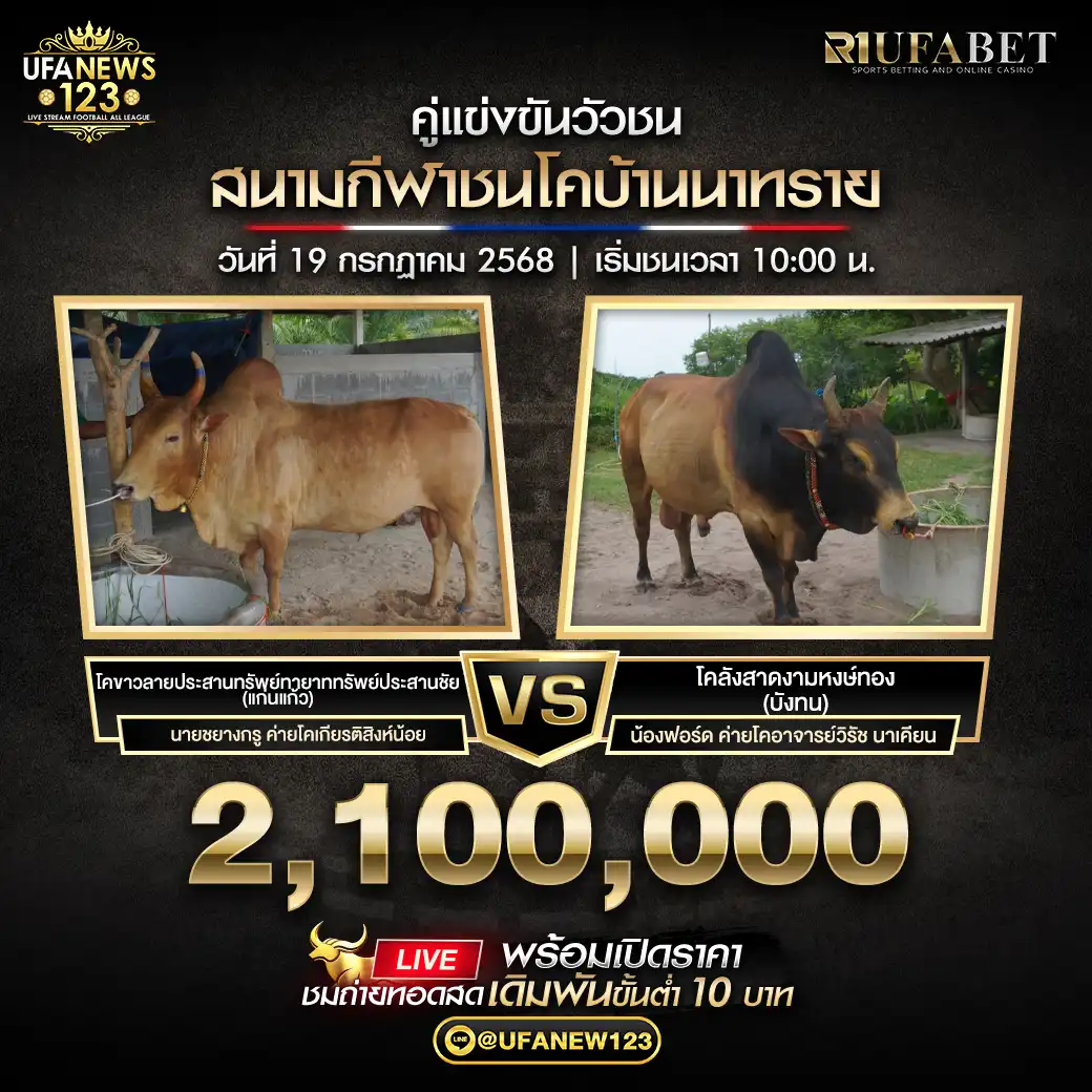 โคลังสาดงามหงห์ทอง (บังทน) VS โคขาวลายประสานทรัพย์ ทายากทรัพย์ประสานชัย (แก่นแก้ว) ชิงรางวัล 2,100,000 บาท 19 กรกฎาคม 2568
