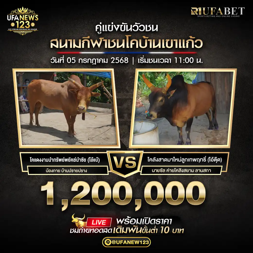 โคแดงงามนำทรัพย์พยัคน่ชัย (ไอ้แบ้) VS โคลังสาดมาใหม่ลูกเทพฤทธิ์ (ไอ้ตุ๊ด) ชิงรางวัล 1,200,000 บาท 05 กรกฎาคม 2568
