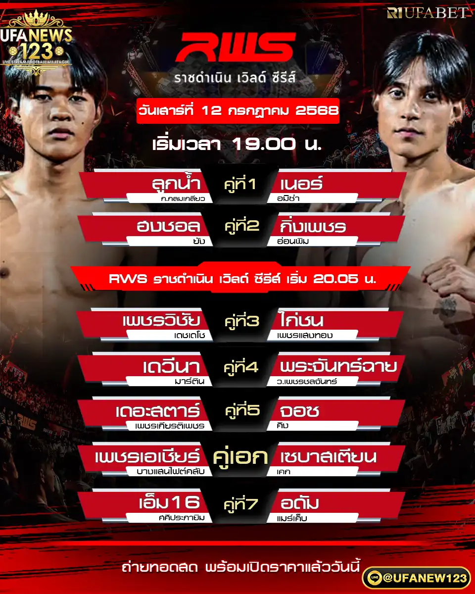 โปรแกรมมวย RWS ราชดำเนิน เวิลด์ ซีรีส์ เริ่มเวลา 19:00 น. 12 กรกฎาคม 2568