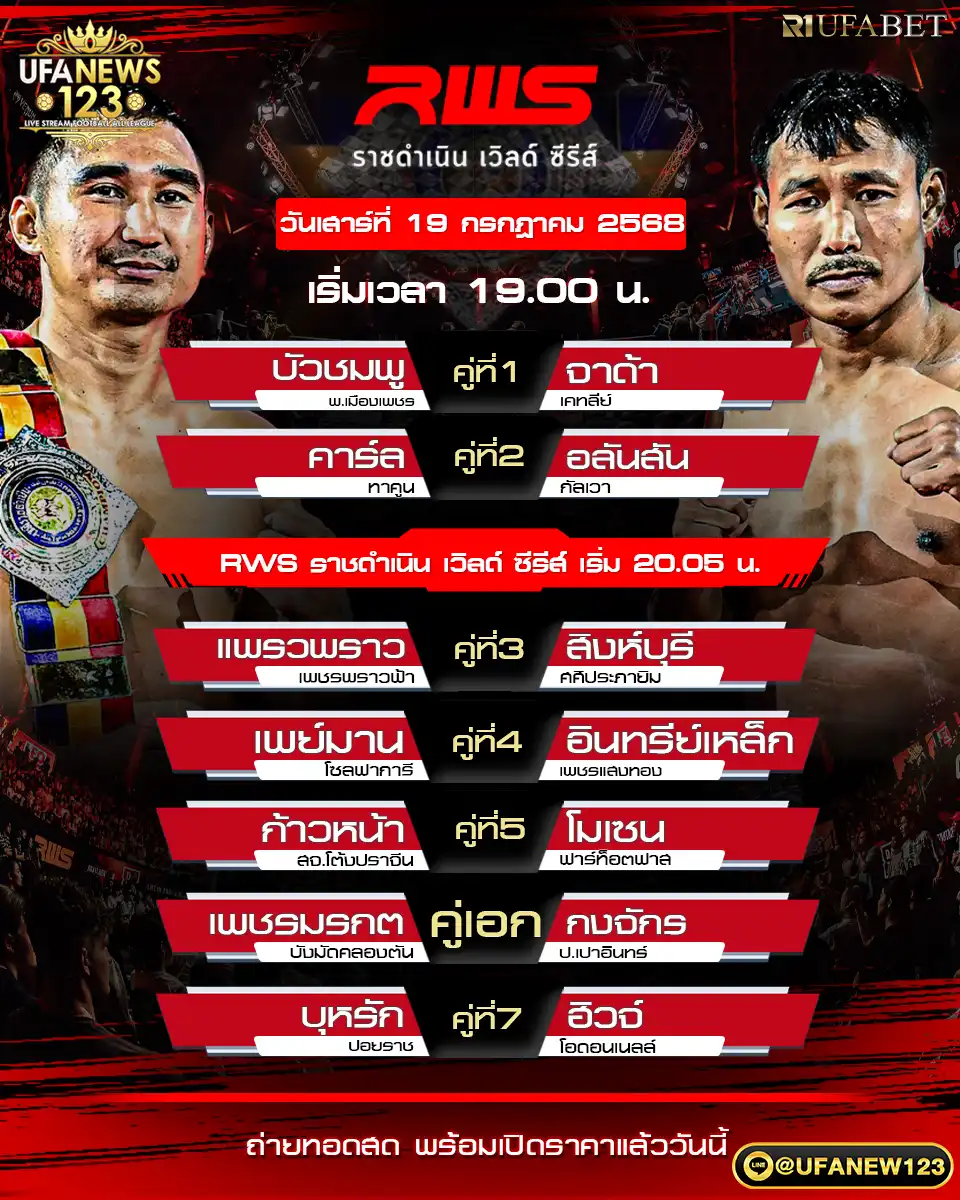 โปรแกรมมวย RWS ราชดำเนิน เวิลด์ ซีรีส์ เริ่มเวลา 19:00 น. 19 กรกฎาคม 2568