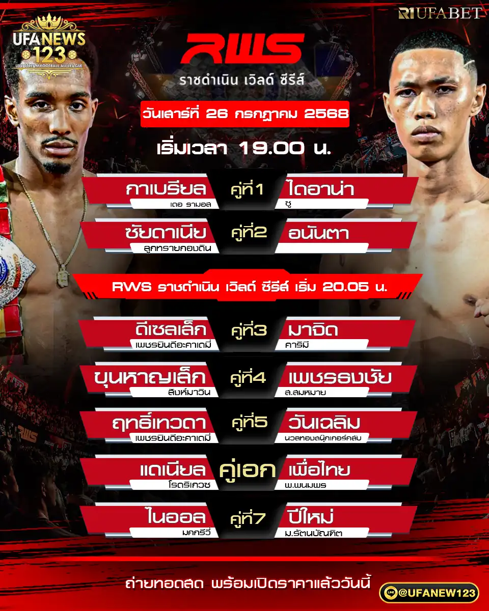 โปรแกรมมวย RWS ราชดำเนิน เวิลด์ ซีรีส์ เริ่มเวลา 19:00 น. 26 กรกฎาคม 2568