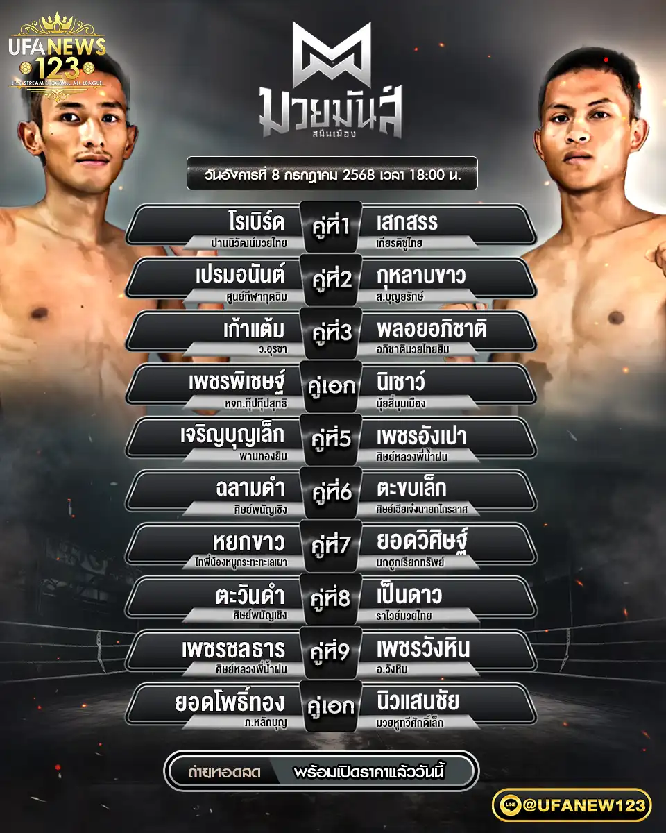 โปรแกรมมวย มวยมันส์สนั่นเมือง เริ่มเวลา 18:00 น. 08 กรกฎาคม 2568