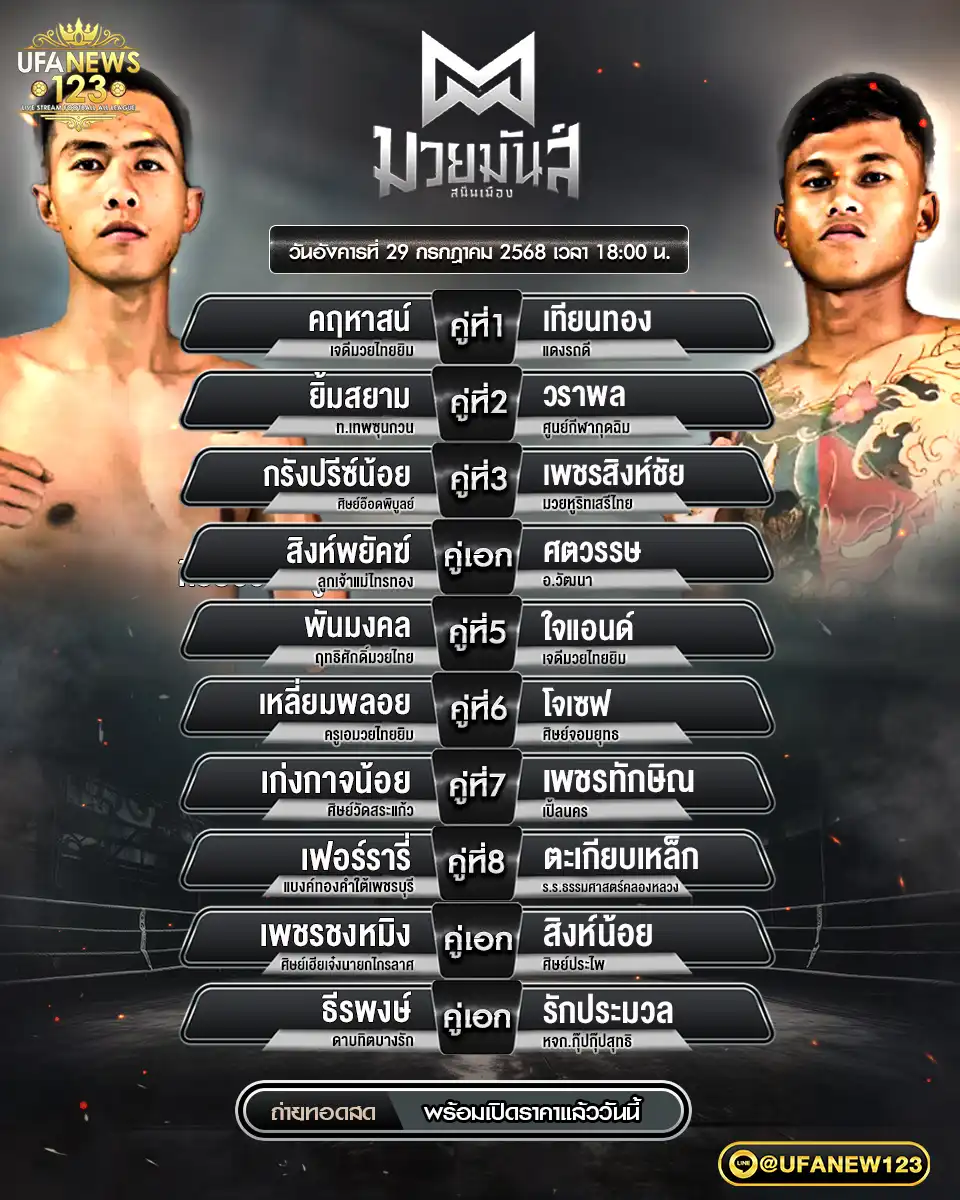 โปรแกรมมวย มวยมันส์สนั่นเมือง เริ่มเวลา 18.00 น. 29 กรกฎาคม 2568