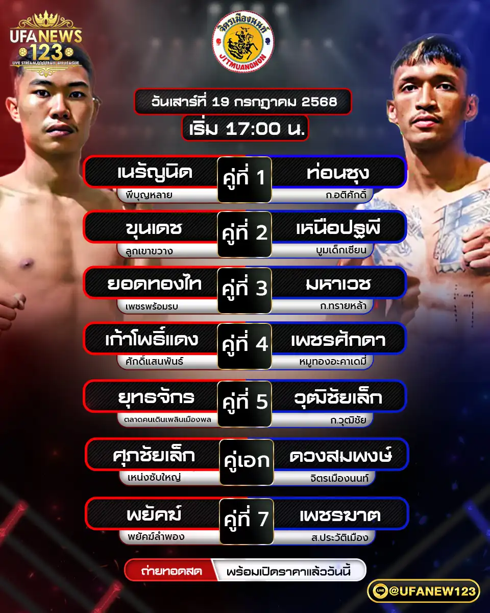 โปรแกรมมวย ศึกจิตรเมืองนนท์ เริ่มเวลา 17:00 น. 19 กรกฎาคม 2568