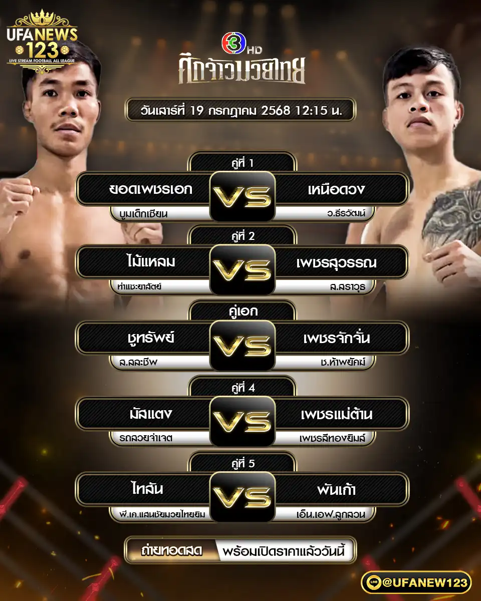 โปรแกรมมวย ศึกจ้าวมวยไทย เริ่มเวลา 12:15 น. 19 กรกฎาคม 2568