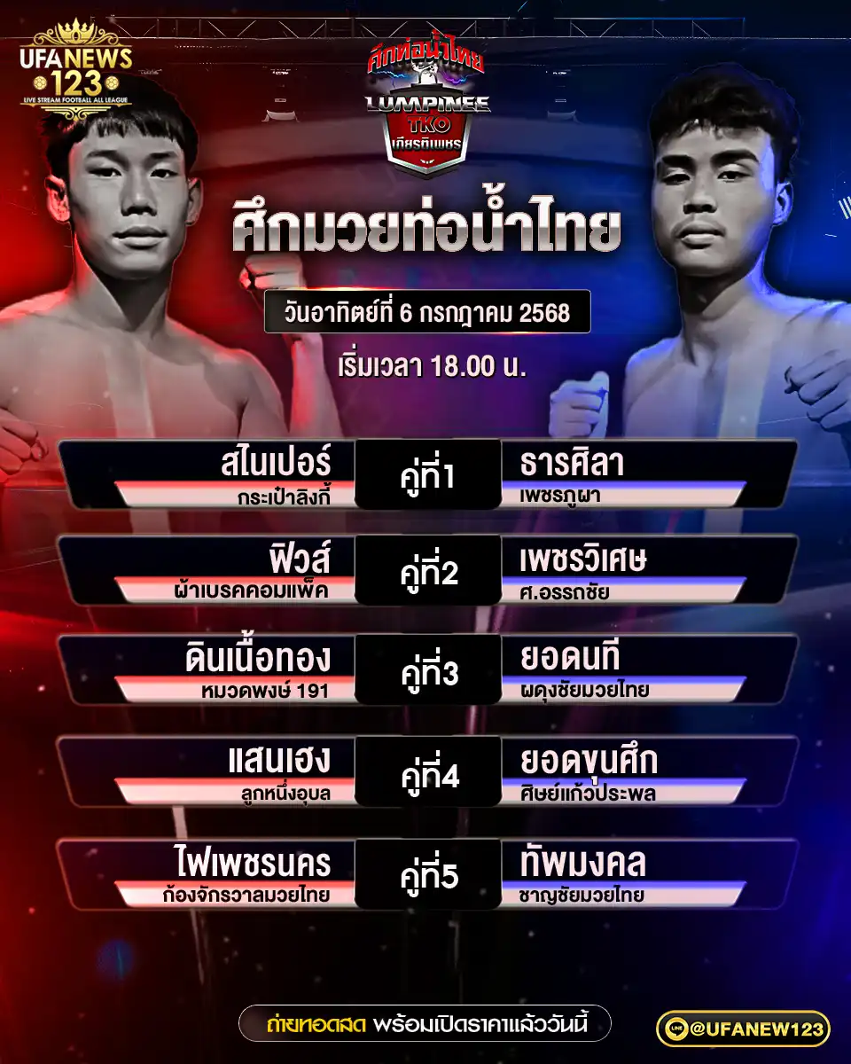 โปรแกรมมวย ศึกมวยท่อน้ำไทย เริ่มเวลา 18:00 น. 06 กรกฎาคม 2568