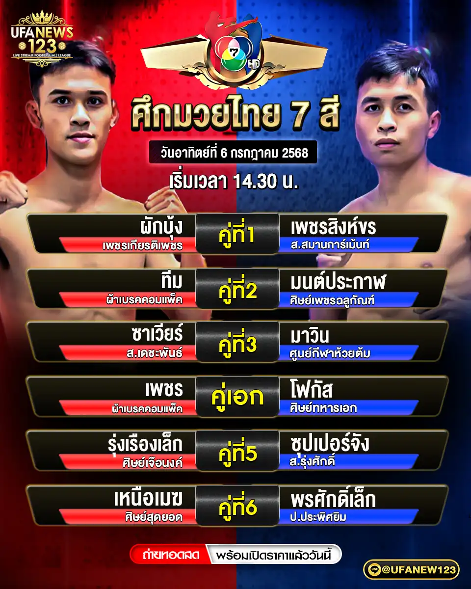 โปรแกรมมวย ศึกมวยไทย 7 สี เริ่มเวลา 14:30 น.