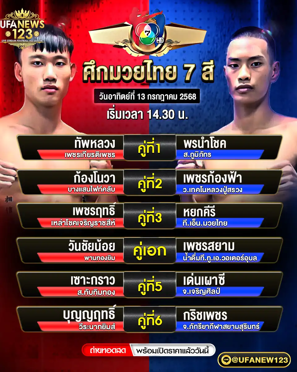 โปรแกรมมวย ศึกมวยไทย 7 สี เริ่มเวลา 14:30 น. 13 กรกฎาคม 2568