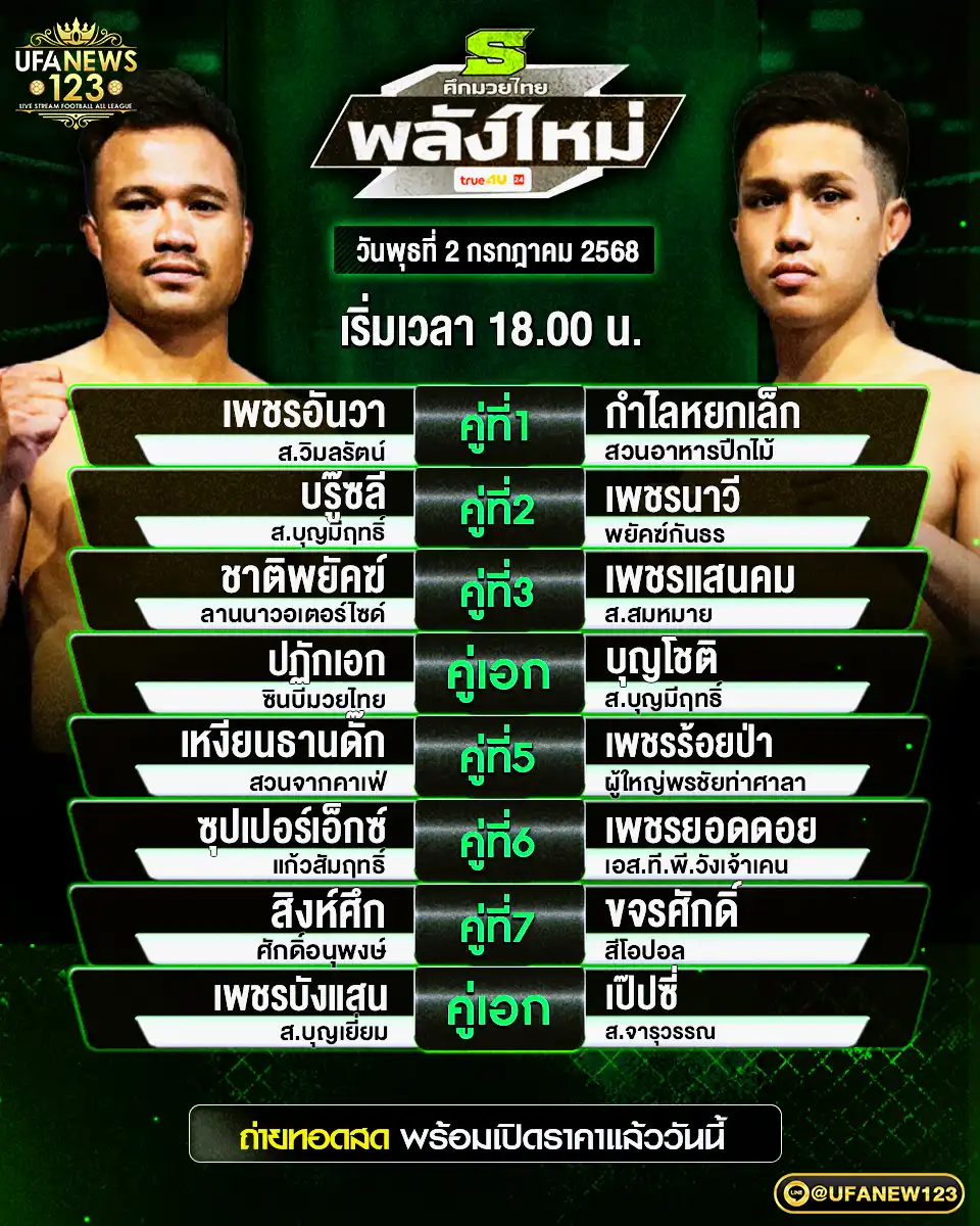 โปรแกรมมวย ศึกมวยไทยพลังใหม่ เริ่มเวลา 18:00 น. 02 กรกฎาคม 2568