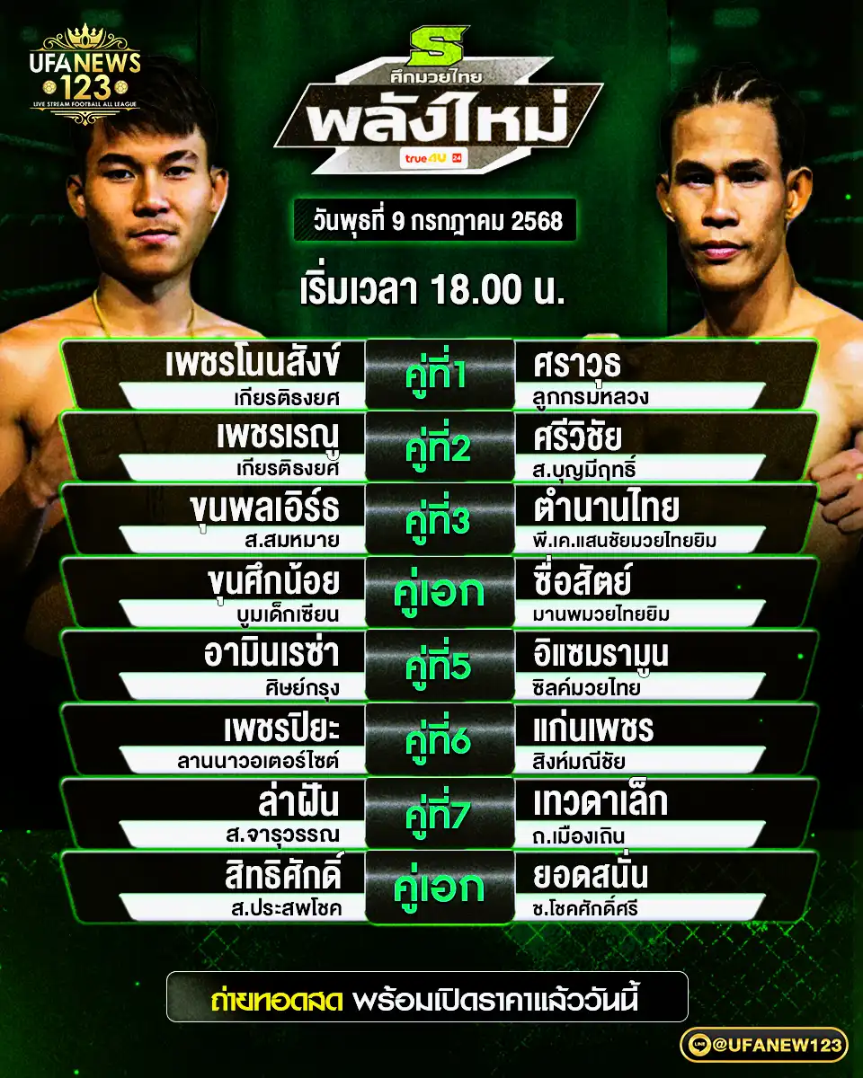 โปรแกรมมวย ศึกมวยไทยพลังใหม่ เริ่มเวลา 18:00 น. 09 กรกฎาคม 2568