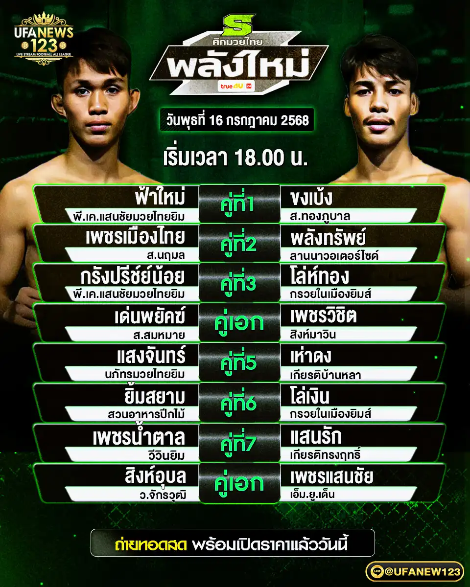 โปรแกรมมวย ศึกมวยไทยพลังใหม่ เริ่มเวลา 18:00 น. 16 กรกฎาคม 2568