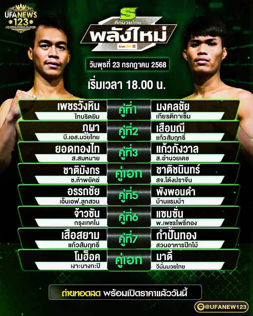โปรแกรมมวย วันพุธที่ 23 กรกฎาคม 2568 | ศึกมวยไทยพลังใหม่ เวลาเริ่มการแข่งขัน: 18.00 น. 