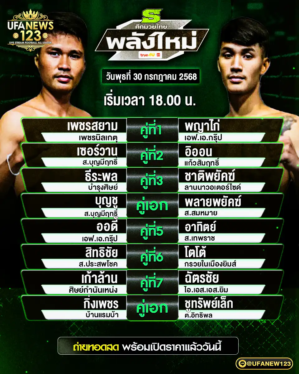 โปรแกรมมวย ศึกมวยไทยพลังใหม่ เวทีราชดำเนิน เริ่มเวลา 18:00 น. 30 กรกฎาคม 2568