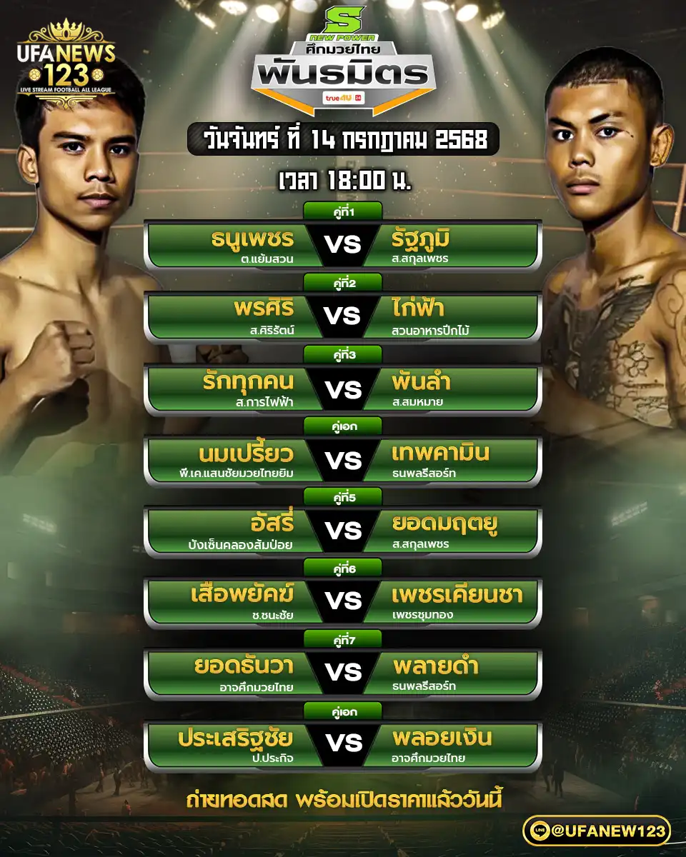 โปรแกรมมวย ศึกมวยไทยพันธมิตร เริ่มเวลา 18:00 น. 14 กรกฎาคม 2568