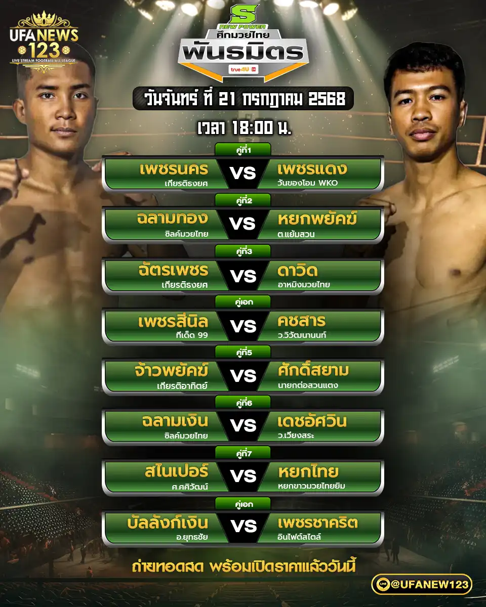 โปรแกรมมวย ศึกมวยไทยพันธมิตร เริ่มเวลา 18:00 น. 21 กรกฎาคม 2568
