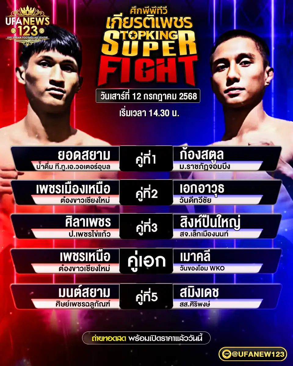 โปรแกรมมวย ศึกมวยไทยเกียรติเพชร เริ่มเวลา 14:30 น. 12 กรกฎาคม 2568