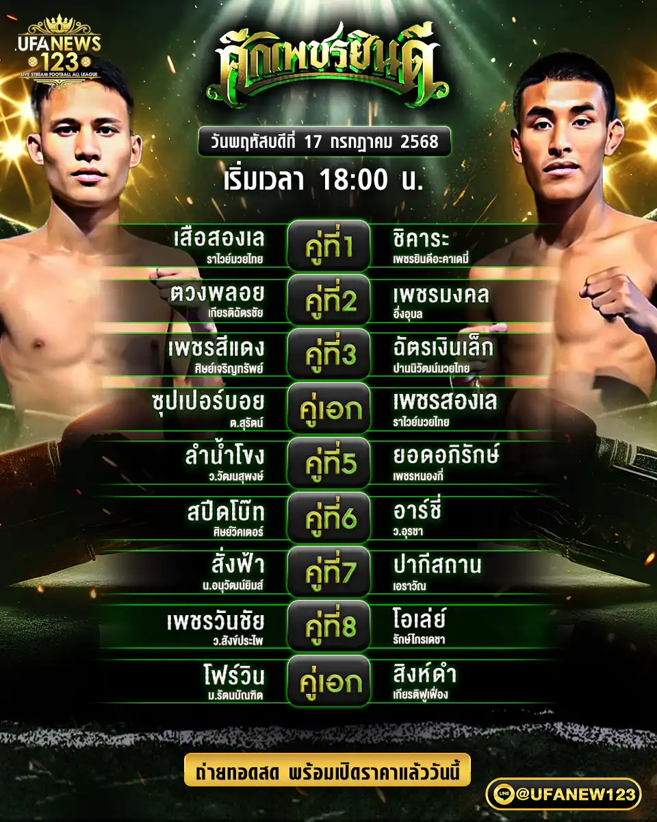 โปรแกรมมวย ศึกเพชรยินดี เริ่มเวลา 18:00 น.  17 กรกฎาคม 2568
