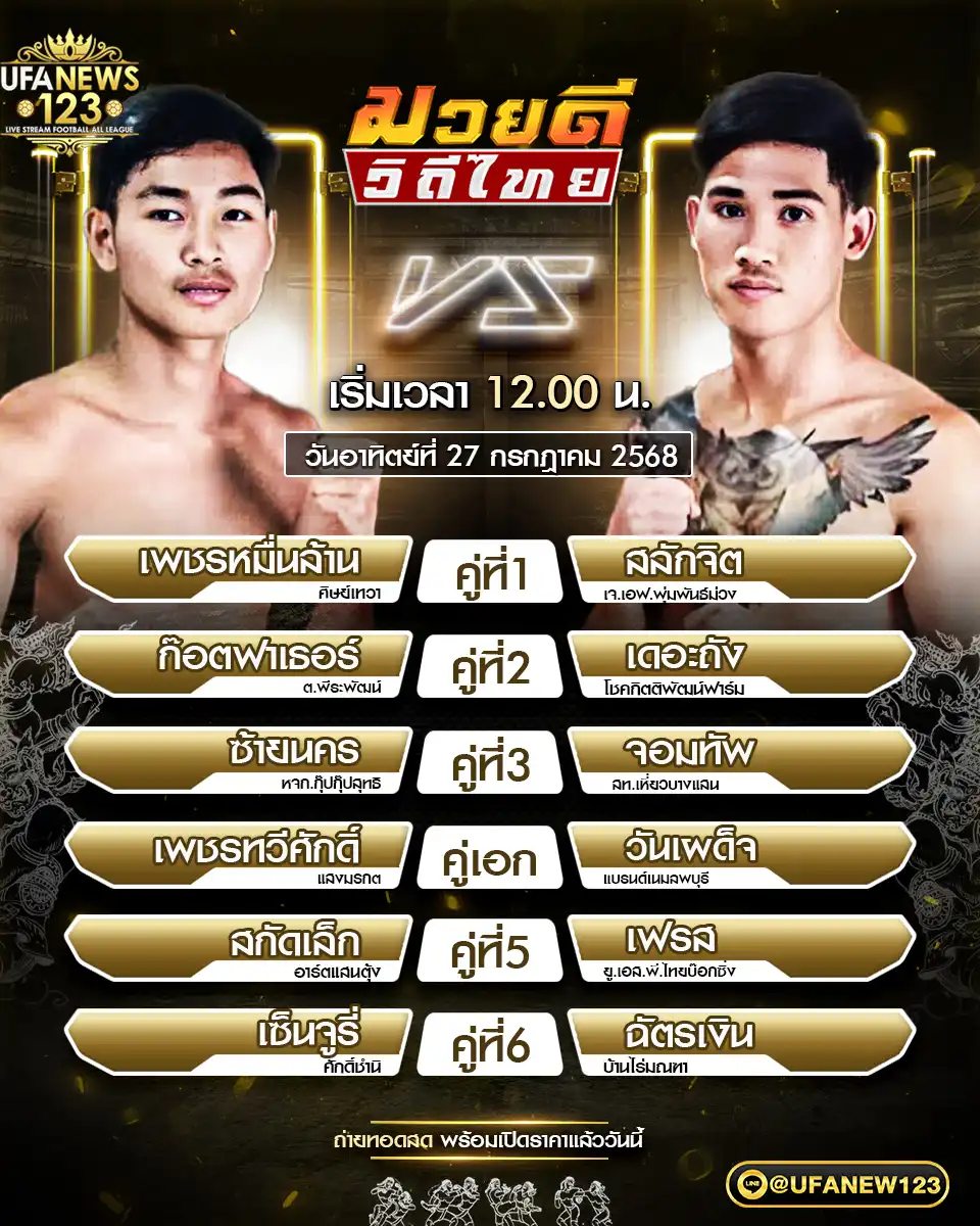 รายละเอียดการแข่งขัน มวยดีวิถีไทย เริ่มเวลา 12:00 น. 27 กรกฎาคม 2568