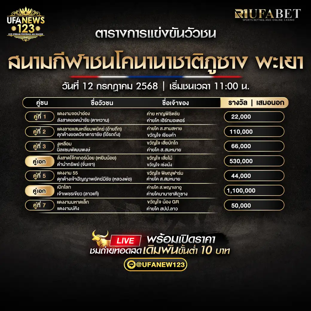 โปรแกรมวัวชน สนามกีฬาชนโคนานาชาติภูซาง พะเยา เริ่มเวลา 11:00 น. 12 กรกฎาคม 2568
