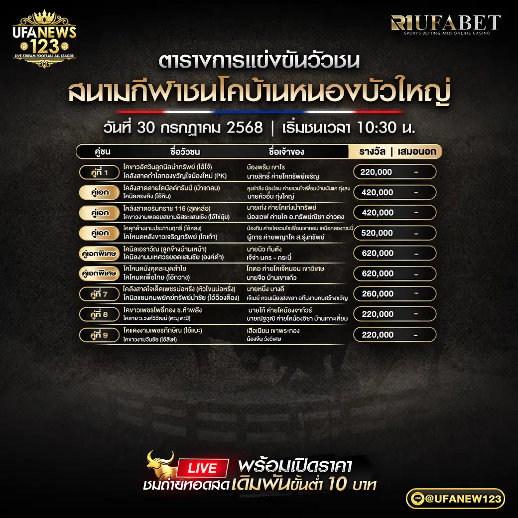 โปรแกรมวัวชน สนามกีฬาชนโคบ้านหนองบัวใหญ่ เริ่มเวลา 10:30 น. 30 กรกฎาคม 2568