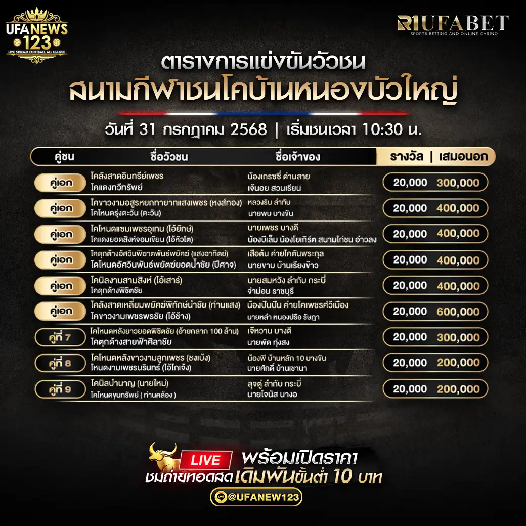 โปรแกรมวัวชน สนามกีฬาชนโคบ้านหนองบัวใหญ่ | เริ่มเวลา 11:30 น. 31 กรกฎาคม 2568 